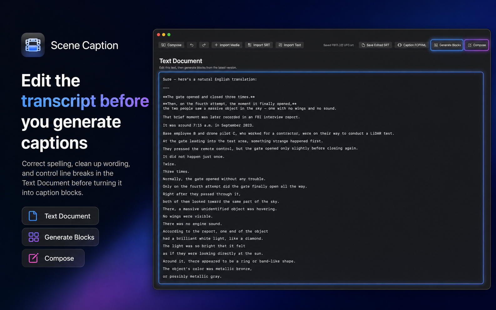SceneCaption Studio marketing screen focused on subtitle editing.